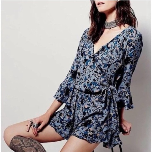 Free People Blue Floral Wrap Romper | All the Right Ruffles | Size M | EUC | - Picture 1 of 8